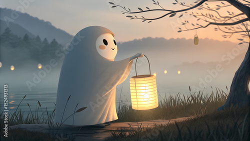 Cute ghostly spirit character in white robe holding glowing paper lantern near misty lake at dusk with soft lighting and tranquil magical atmosphere