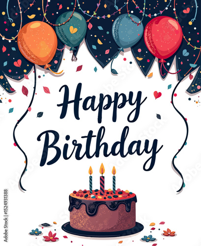 a birthday card with a cake and balloons