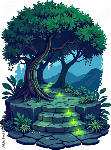 a green tree in the middle of a rocky area