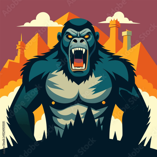 Furious Primate's Roar: A striking illustration of a large gorilla in a moment of primal fury. The primate, rendered in bold colors against an abstract landscape. The image encapsulates raw power.