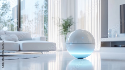 Smart Home Technology, Futuristic White Sphere Robot in Modern Living Room