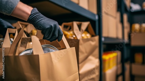 female hand holding paper bag with food in the supermarket