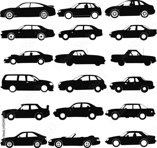 Collection of car silhouettes in black various vehicle types illustration of automotive design and transportation concepts