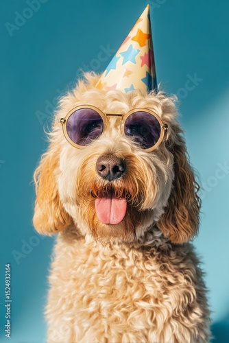 Dog With Sunglasses and Party Hat Celebrates Birthday With Joyful Expression ...