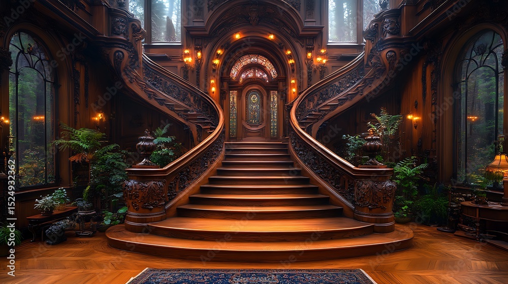 Obraz premium Grand wooden staircase in ornate interior