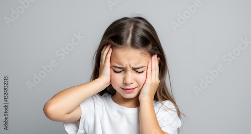 Young girl with long brown hair holding her head in pain, expressing headache or discomfort