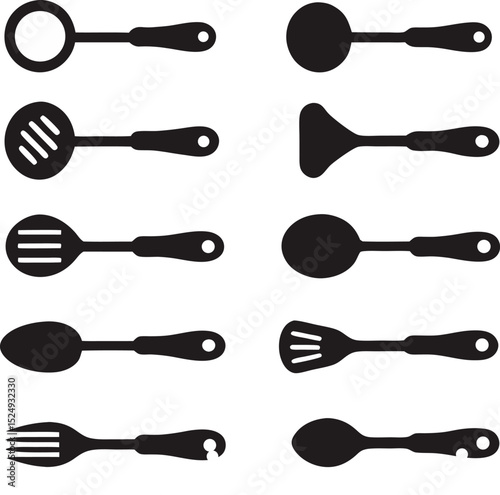Collection of kitchen utensil silhouettes in black and white for culinary concepts food preparation and cooking activities