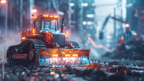 Cyberpunk Construction, Futuristic Bulldozer at Night