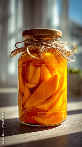 Homemade Fruit Preserve Jar Glistens in Natural Sunlight on a Sunny Afternoon.
