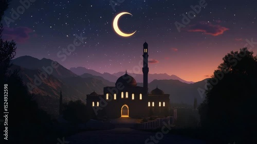 Starry Night Sky Over Mosque and Minarets