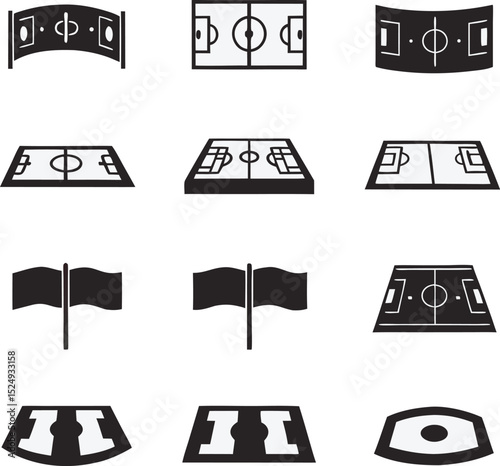 Collection of soccer field and flag icon illustrations in diverse perspectives for sports and design applications
