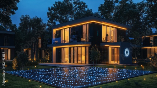 Modern Smart Home at Night with Illuminated Pool