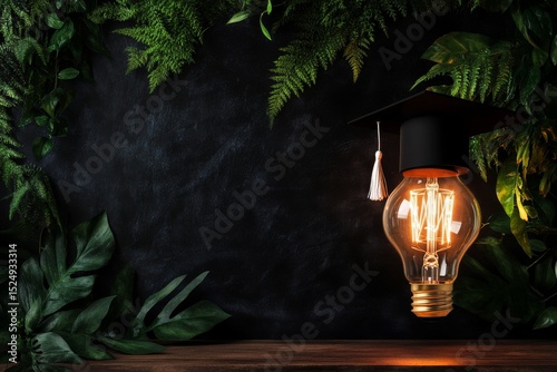 Graduation Light Bulb With Cap Surrounded by Green Foliage in a Dark Setting