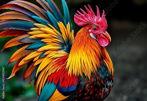 A majestic rooster, plumage ablaze with vibrant hues, feathers flowing dynamically,  regal,  pattern