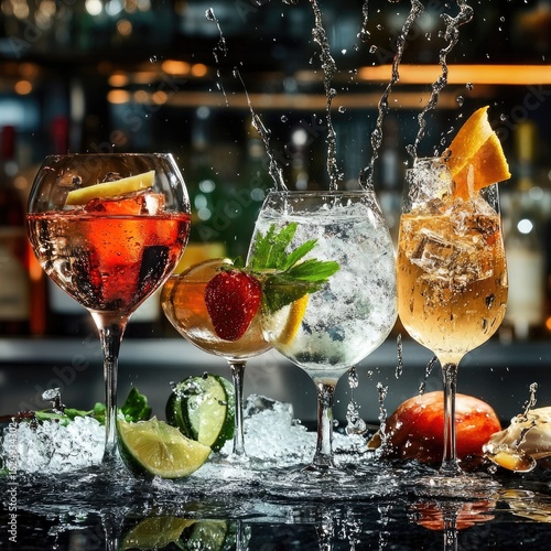 Refreshing cocktails with fruit & ice, splashing water