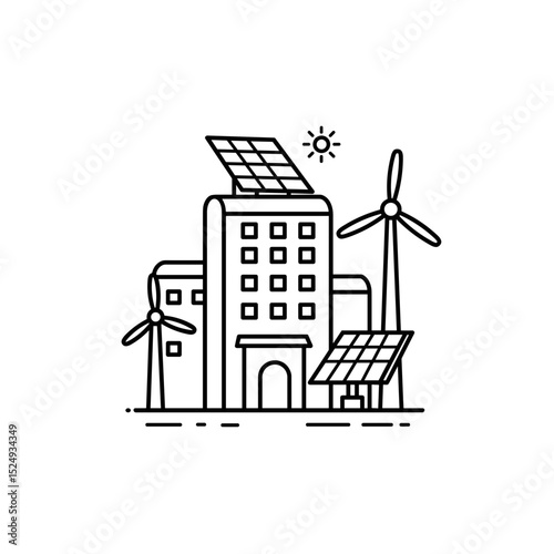 Eco hotel with clean energy icon for sustainable tourism