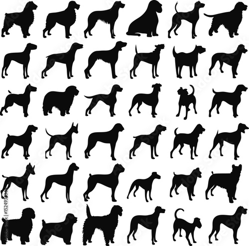Diverse silhouettes of various dog breeds displayed in a repeating pattern for design elements and vector graphic applications