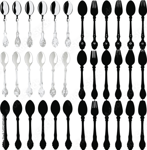 Elegant cutlery set collection featuring spoons and forks in various styles and outlines ideal for design and illustration