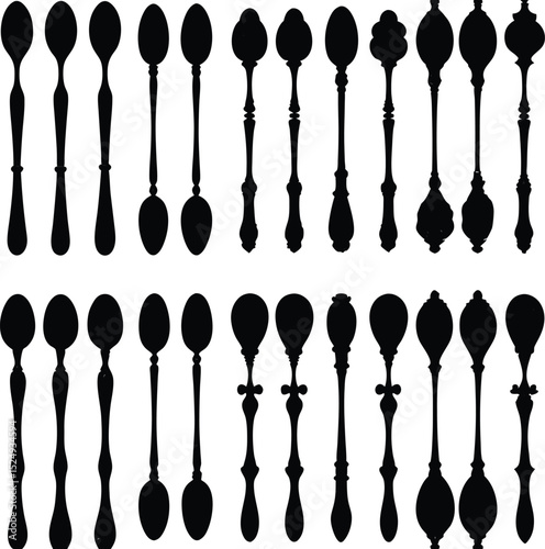 Elegant antique spoon silhouettes in various designs and styles for dining and culinary projects