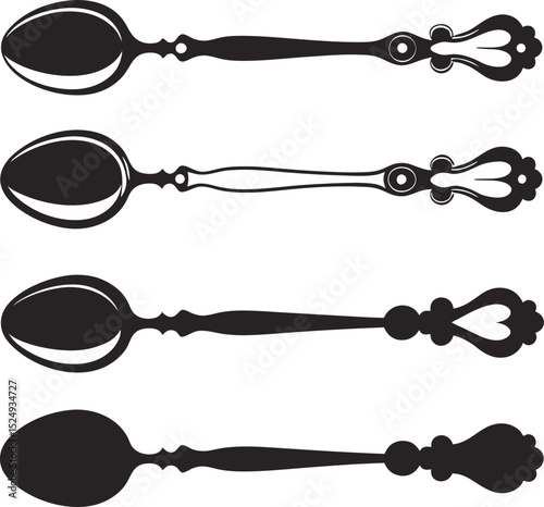 Elegant vintage spoon silhouettes in black and white for culinary designs and decorative elements