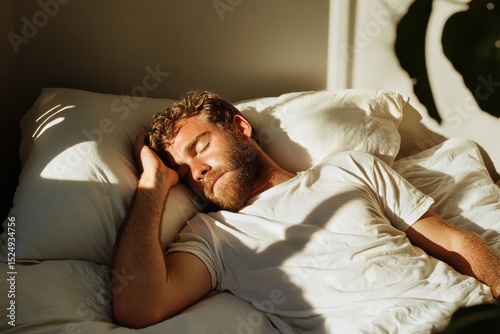 Man Sleeping Peacefully in a Sunlit Bedroom During Morning Hours