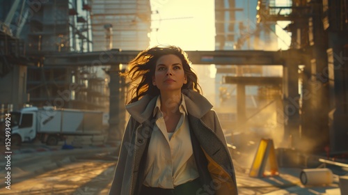 Woman walking through construction site at sunset