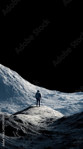 Explorer Stands on Lunar Surface Gazing at Earth and Cosmic Scenery.