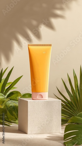 Bright Yellow Cream in a Natural Setting With Green Plants Highlighting Skinc...