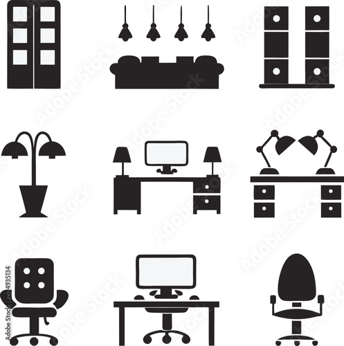 Modern home and office interior design elements collection in black and white icons
