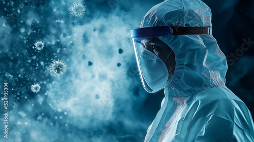 a man in a mask with his face in a medical protective suit and the mask