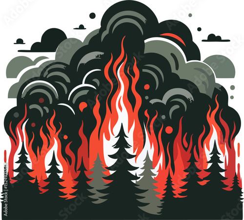 Flat Vector Illustration of Wildfire in Pine Forest with Thick Smoke and Flames