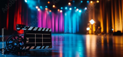 Film Set With Colorful Lights and Smoke at a Theater During a Performance Pre...