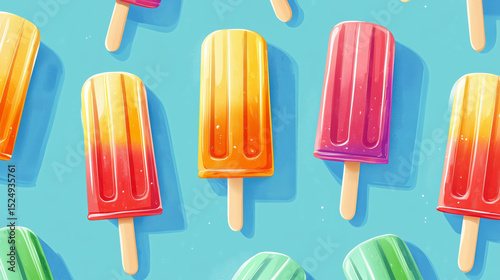 Colorful illustration of popsicles against a blue background, AI generated
