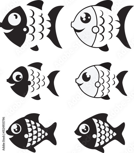 Playful cartoon fish illustrations set in black and white depicting simple underwater creatures for children's educational materials