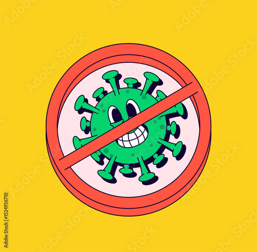 Funny green virus character inside a red prohibition sign on a bright yellow background. Perfect for health, safety, or awareness themes cartoon illustration hand drawn