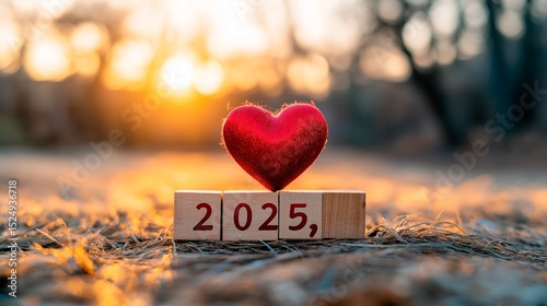 Wooden cubes and a red heart with the inscription 2025