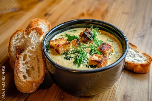 Delightful Green Soup Served in a Bowl With Toasted Bread and Herbs on a Wood...
