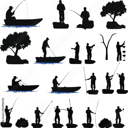Silhouetted anglers in various fishing positions including boat fishing and bank fishing actions with fishing rods
