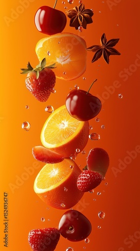 Dynamic Cascade of Fresh Oranges, Strawberries, Cherries, and Spices with Splashes