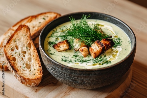 Creamy Green Soup With Herbs and Toasted Bread Served in a Rustic Bowl