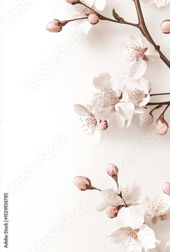 Delicate Cherry Blossoms and Soft Leaves on a Serene White Background