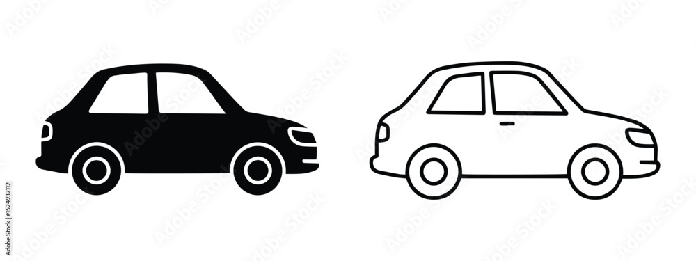 Naklejka premium Car Icon Vector Set – Vehicle Symbols in Solid and Outline Styles for Transport, Traffic, and App Design