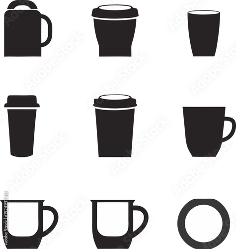 Simple black and white vector illustrations of various coffee cups mugs and a lid perfect for design templates