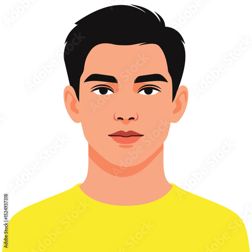 A vector illustration of a young man with short black hair and a yellow shirt. Perfect for user avatars, profile pictures, character design, web applications, and educational content.
