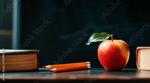 Fresh Apple Placed Next to Pencils and Books on a Classroom Desk During Schoo...