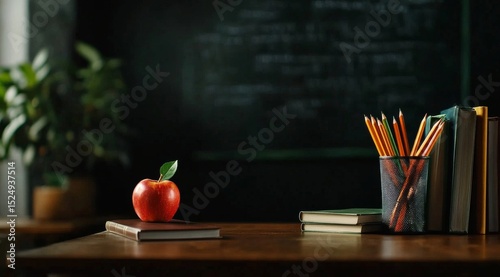 School Supplies Arranged on a Desk With Apples and Pencils in a Classroom Set...