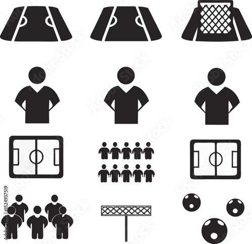 Simple black and white soccer icon set representing football fields teams and match elements for design