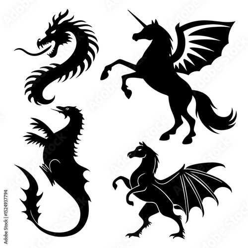 Mythical creatures silhouette set dragon unicorn hippogriff