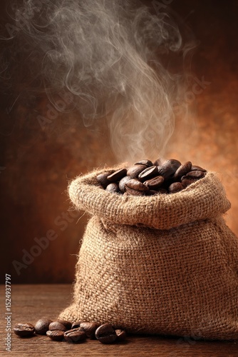 Freshly Roasted Coffee Beans in a Burlap Sack With Swirling Steam Rising