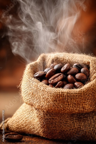 Freshly Roasted Coffee Beans in a Burlap Sack With Swirling Steam Rising.